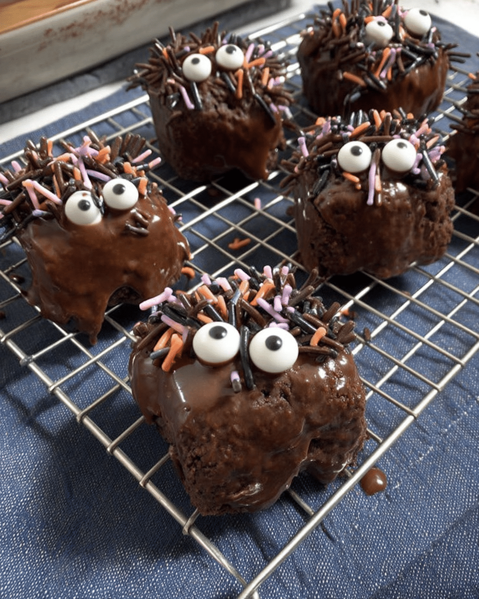 Fudgy Halloween Monster Chocolate Cake Brownies on a cooling rack