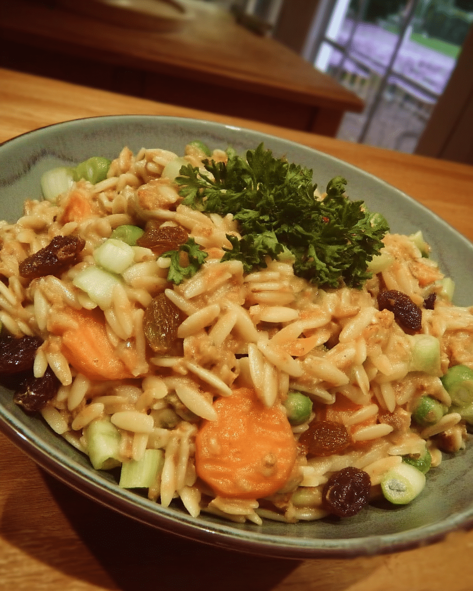 A colorful Harvest Orzo Salad in a wooden bowl.