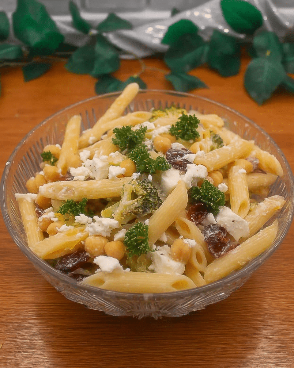 Pasta salad plated with suggested serving options