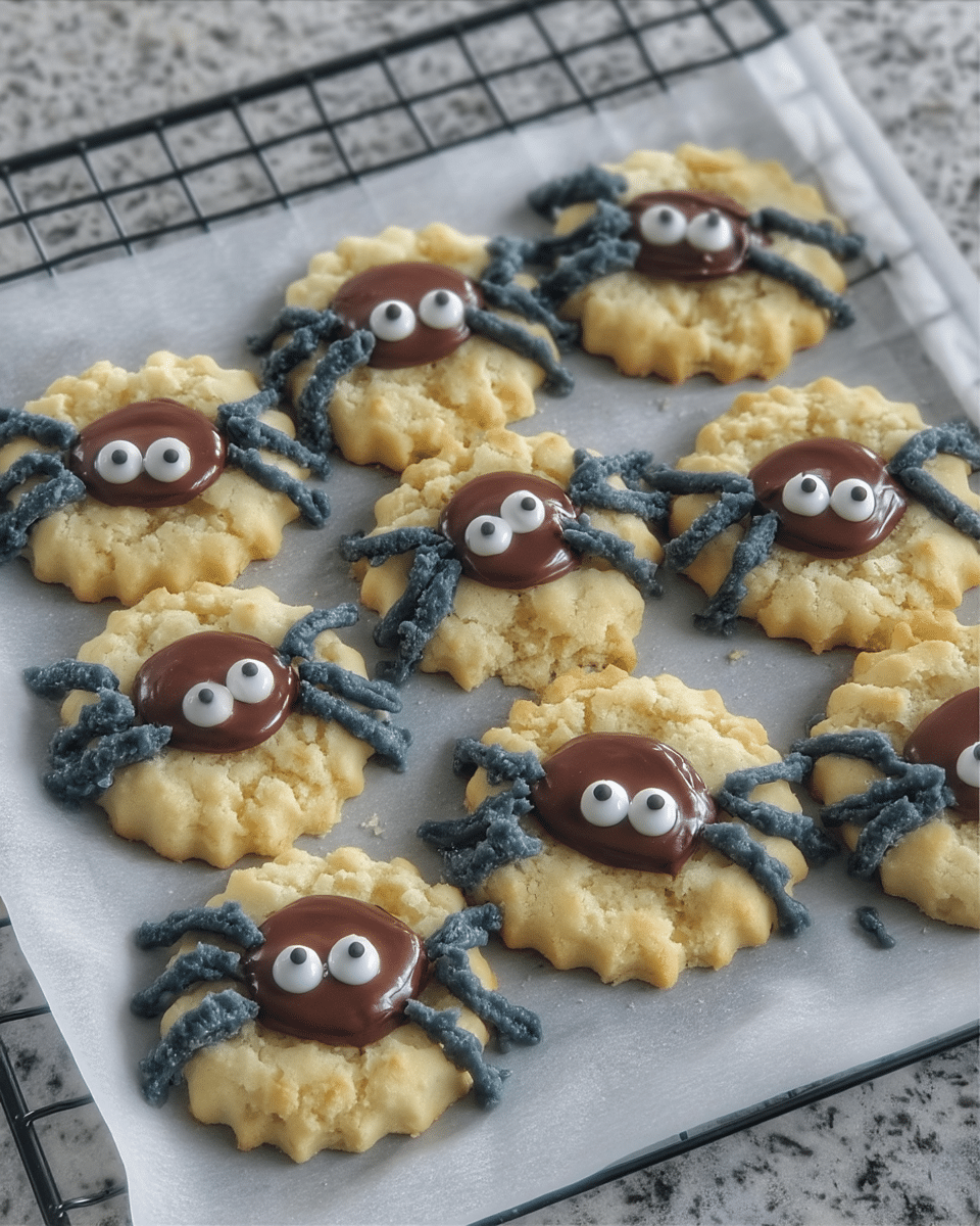 Peanut Butter Spider Cookies plated on a Halloween-themed serving dish.