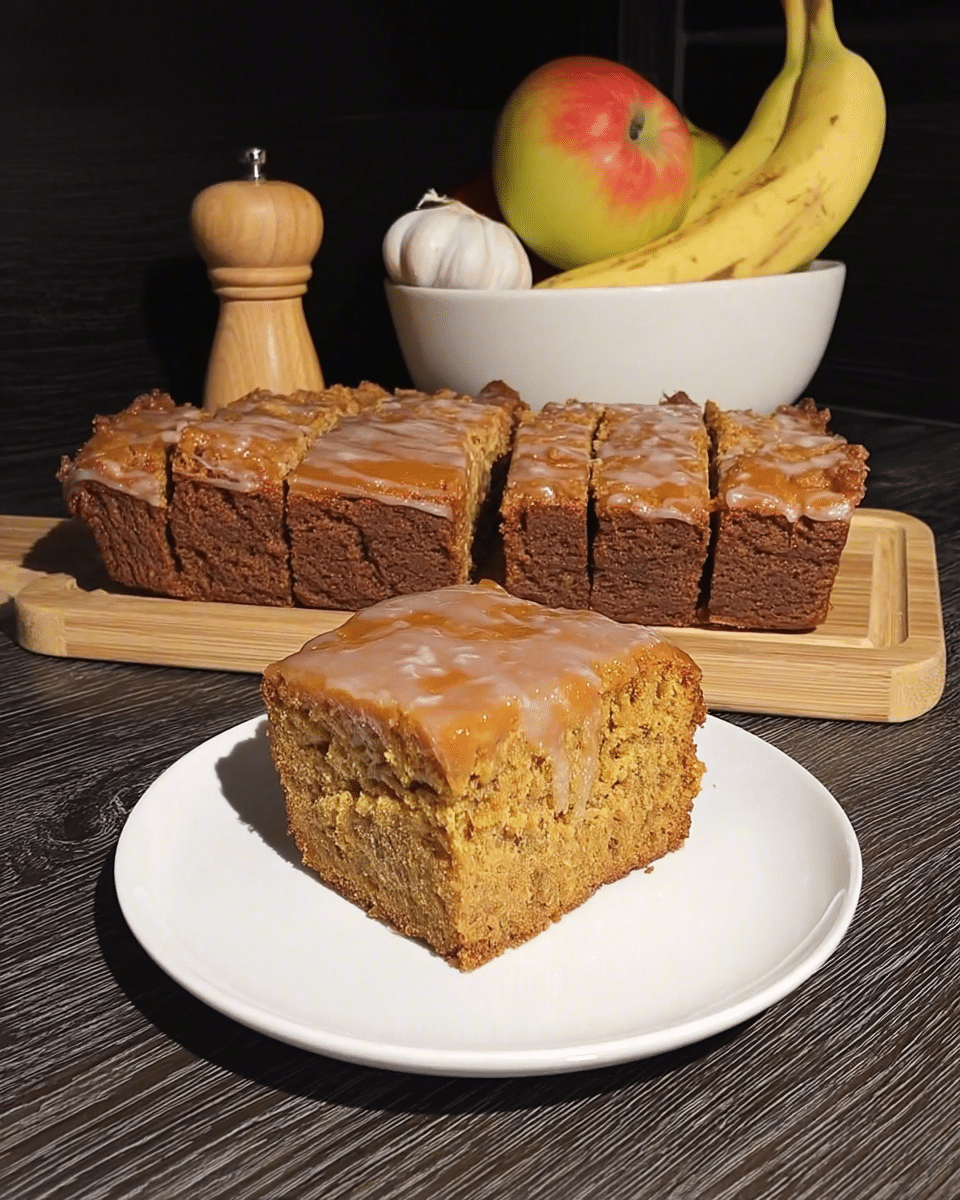 A slice of pumpkin brownie served on a plate with a scoop of vanilla ice cream.