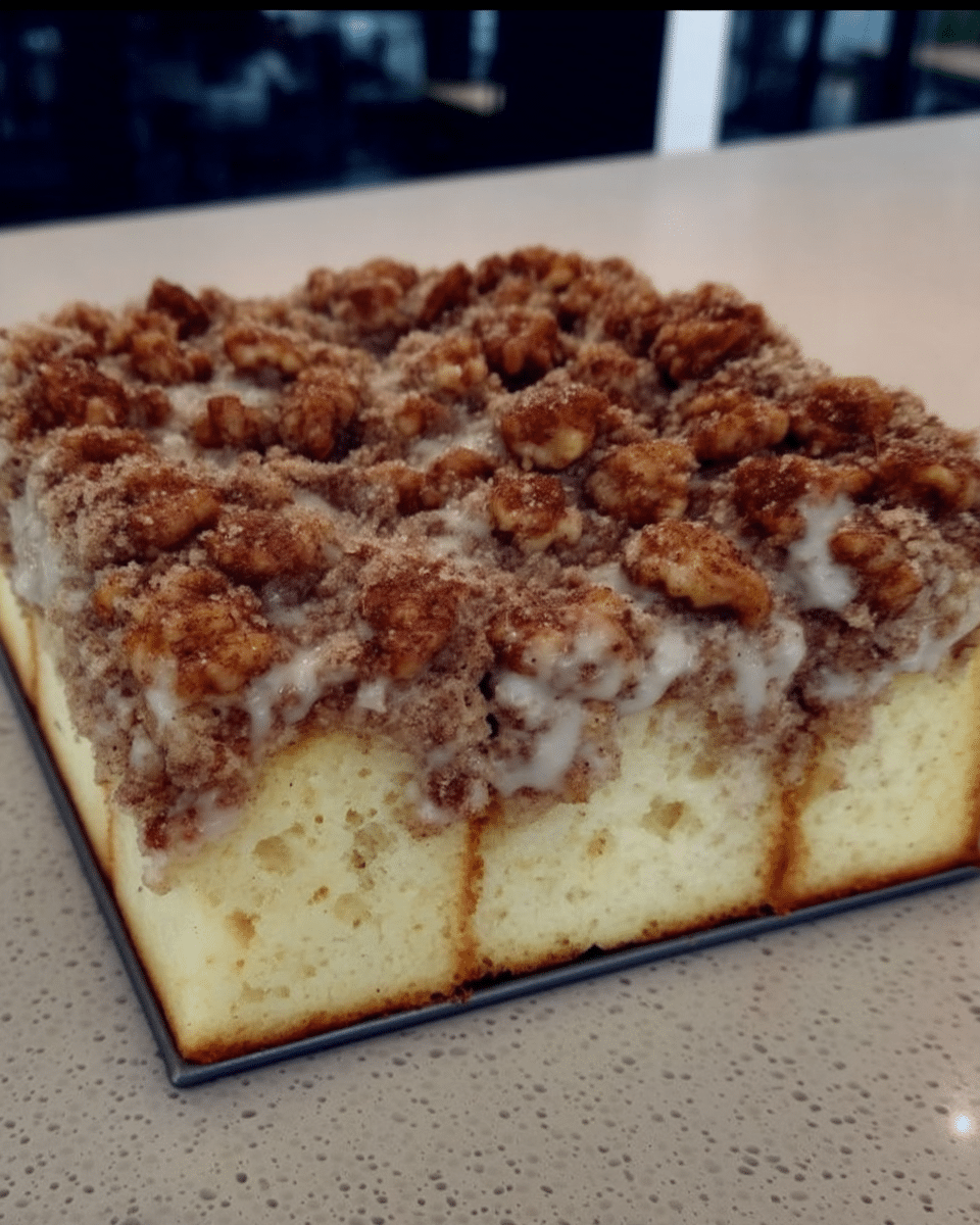A slice of moist and delicious pumpkin coffee cake with a thick streusel topping.