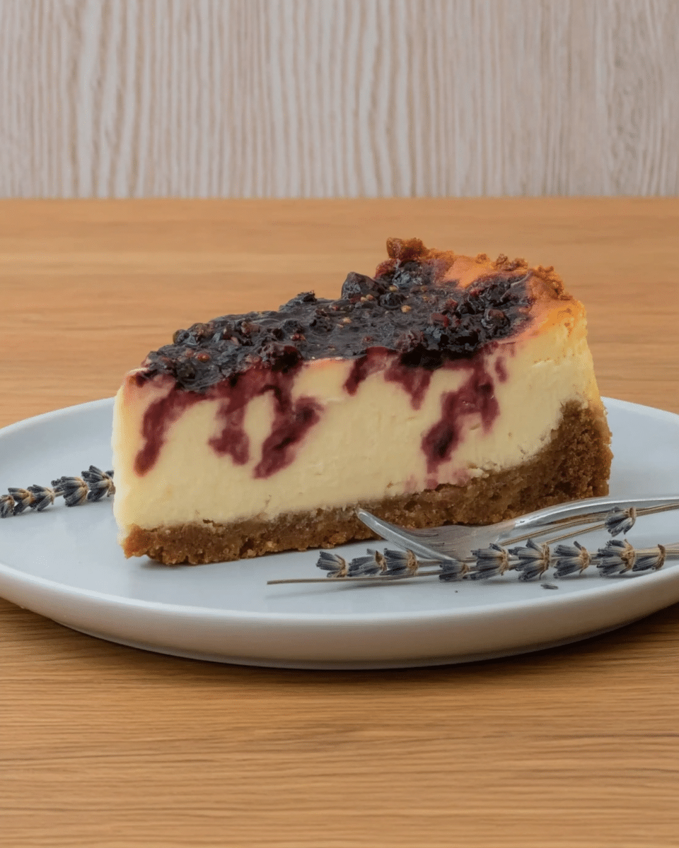 A slice of Ravenclaw Midnight Blueberry Cheesecake on a plate with a fork.