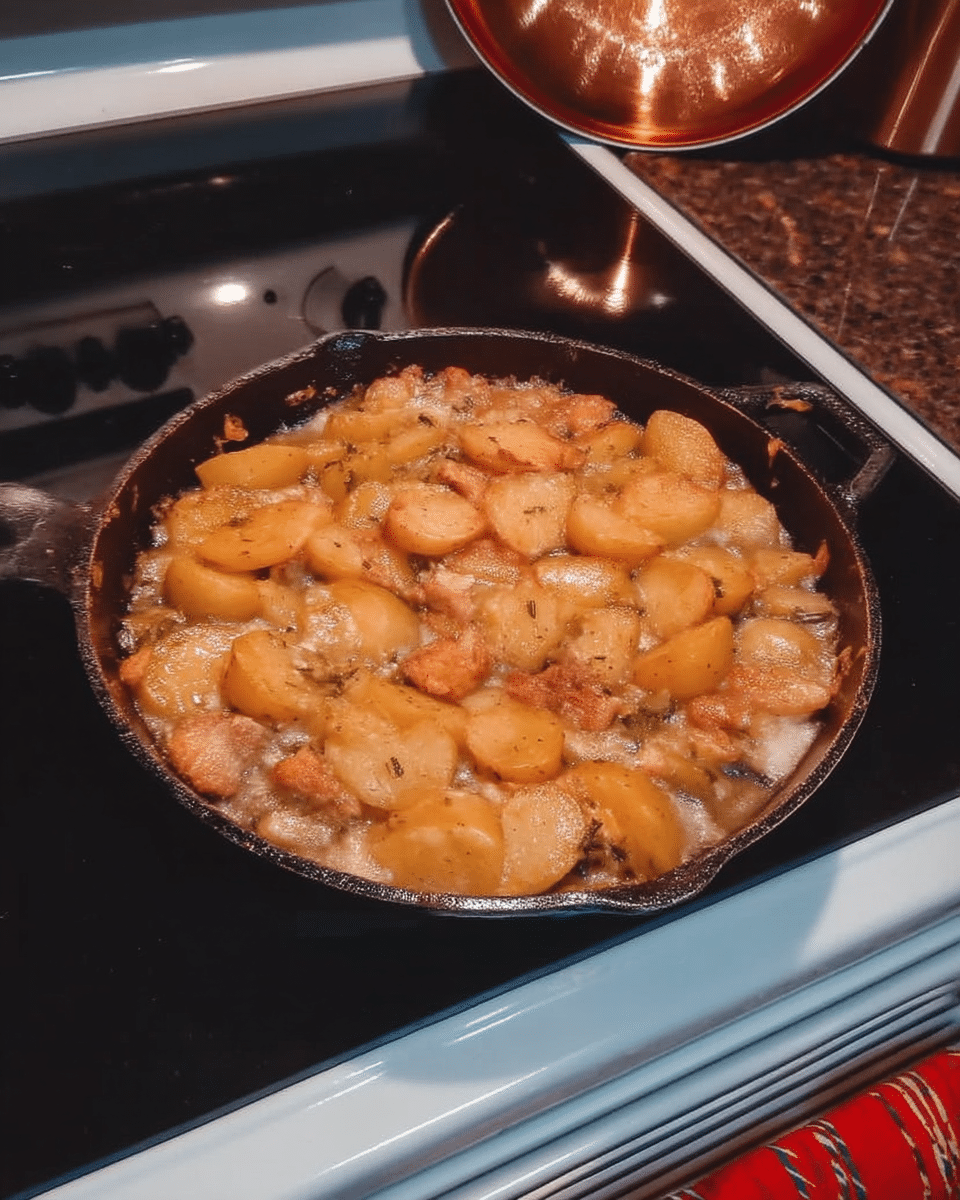 German Potato Salad served on a plate alongside grilled sausages and sauerkraut.