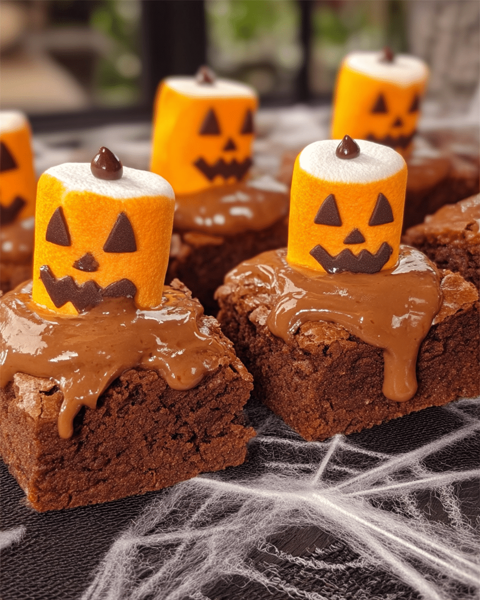 Jack-o'-Lantern Brownies served on a plate with a glass of milk.