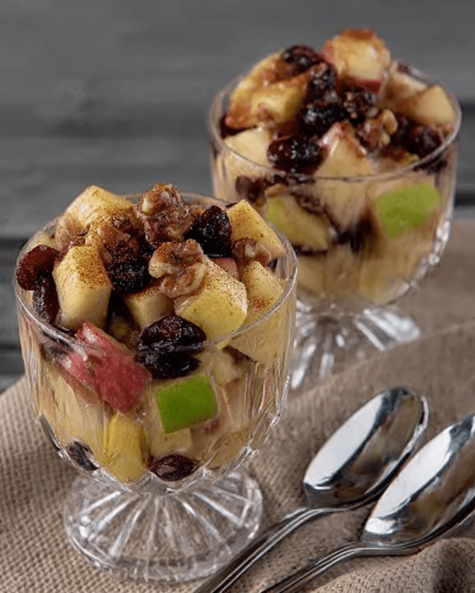 A serving of fall fruit salad in a small bowl, garnished with a sprig of mint.
