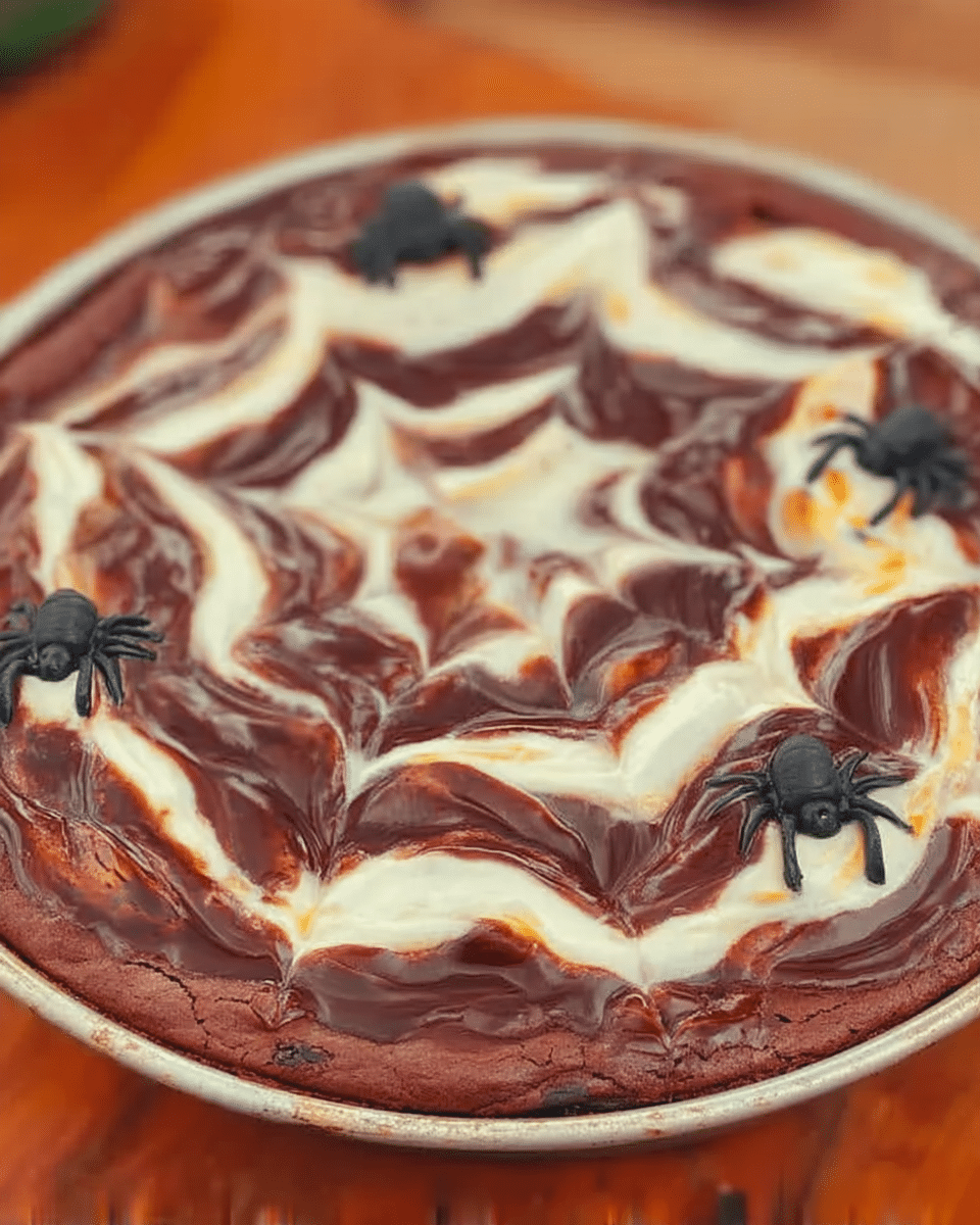 A plate of spiderweb brownies with two glasses of milk.