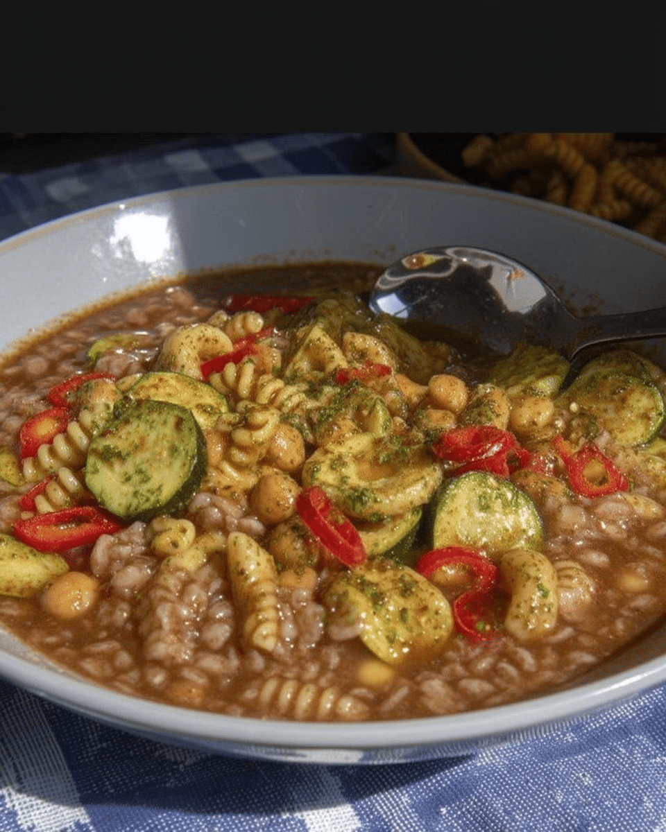 An array of ingredients for Spicy Italian Sausage and Tortellini Soup arranged on a wooden table.