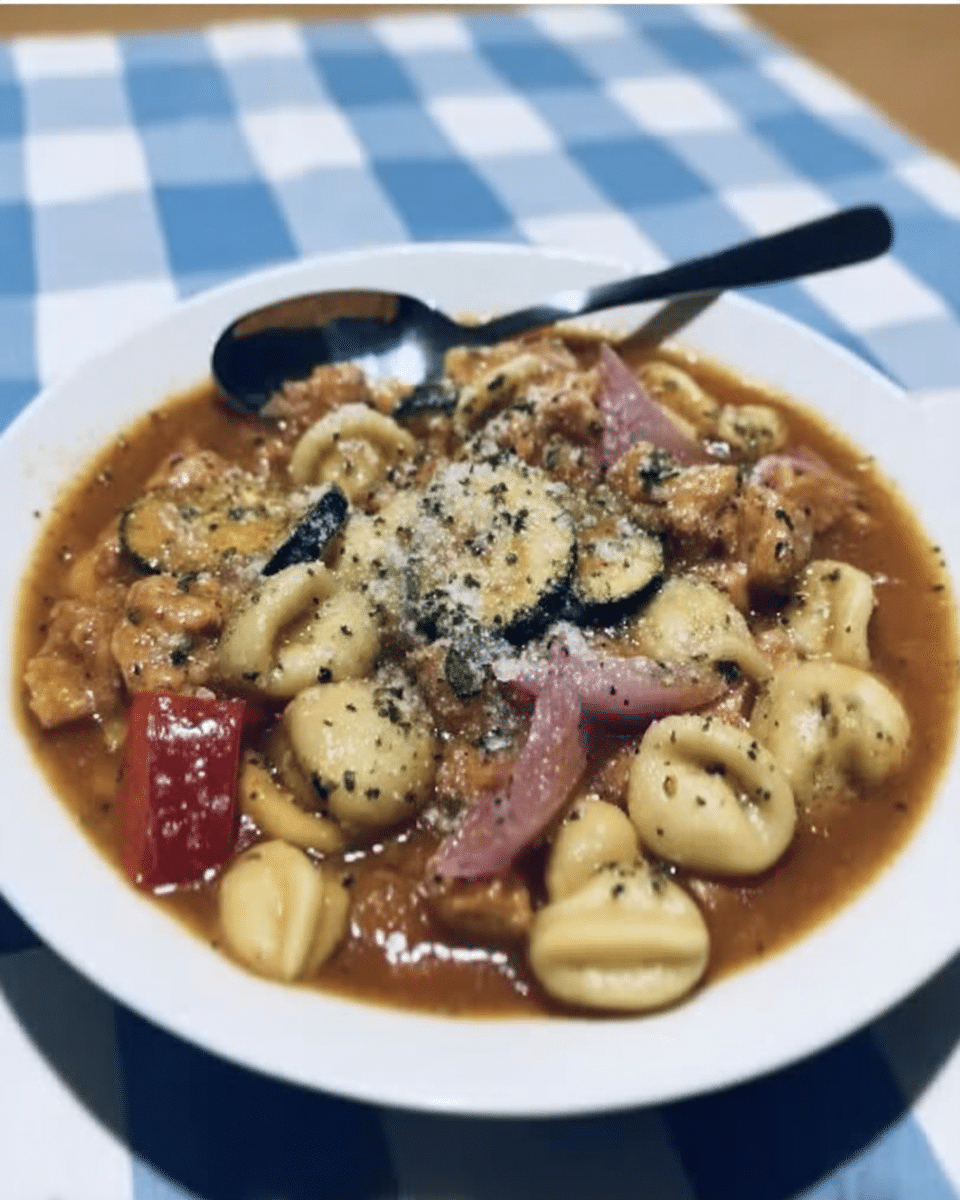 A bowl of Spicy Italian Sausage and Tortellini Soup served with a side of crusty bread and a glass of iced tea.