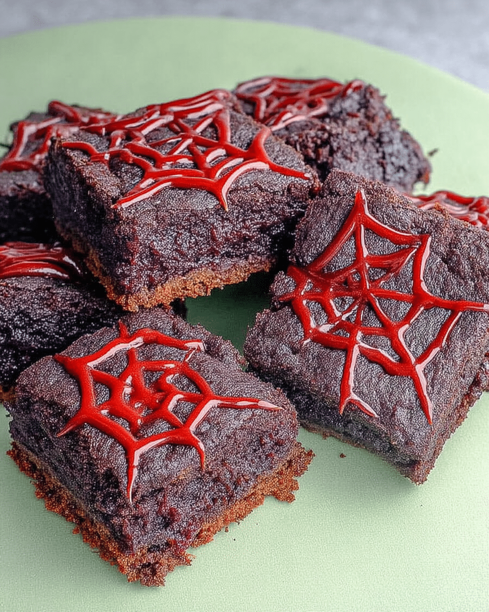 Spiderweb Brownies served on a platter with Halloween decorations