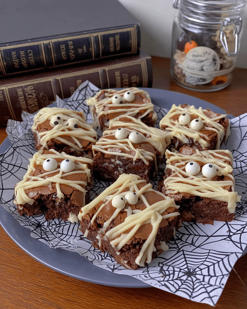 Ingredients for Spooky Mummy Brownies arranged on a countertop.