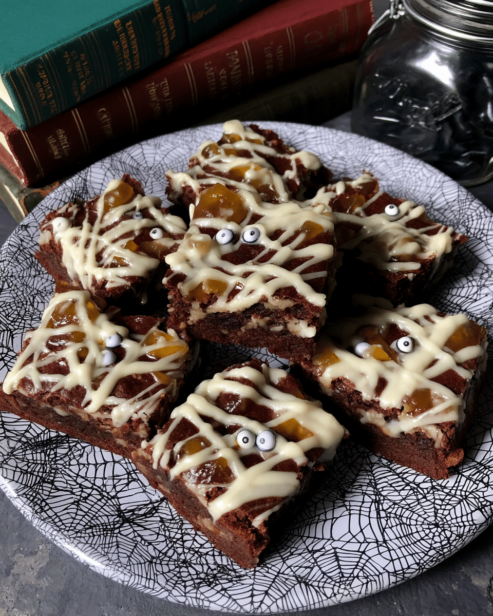 Spooky Mummy Brownies arranged on a cooling rack.