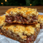 Close-up of a stack of fudgy pumpkin bars with chocolate chips.