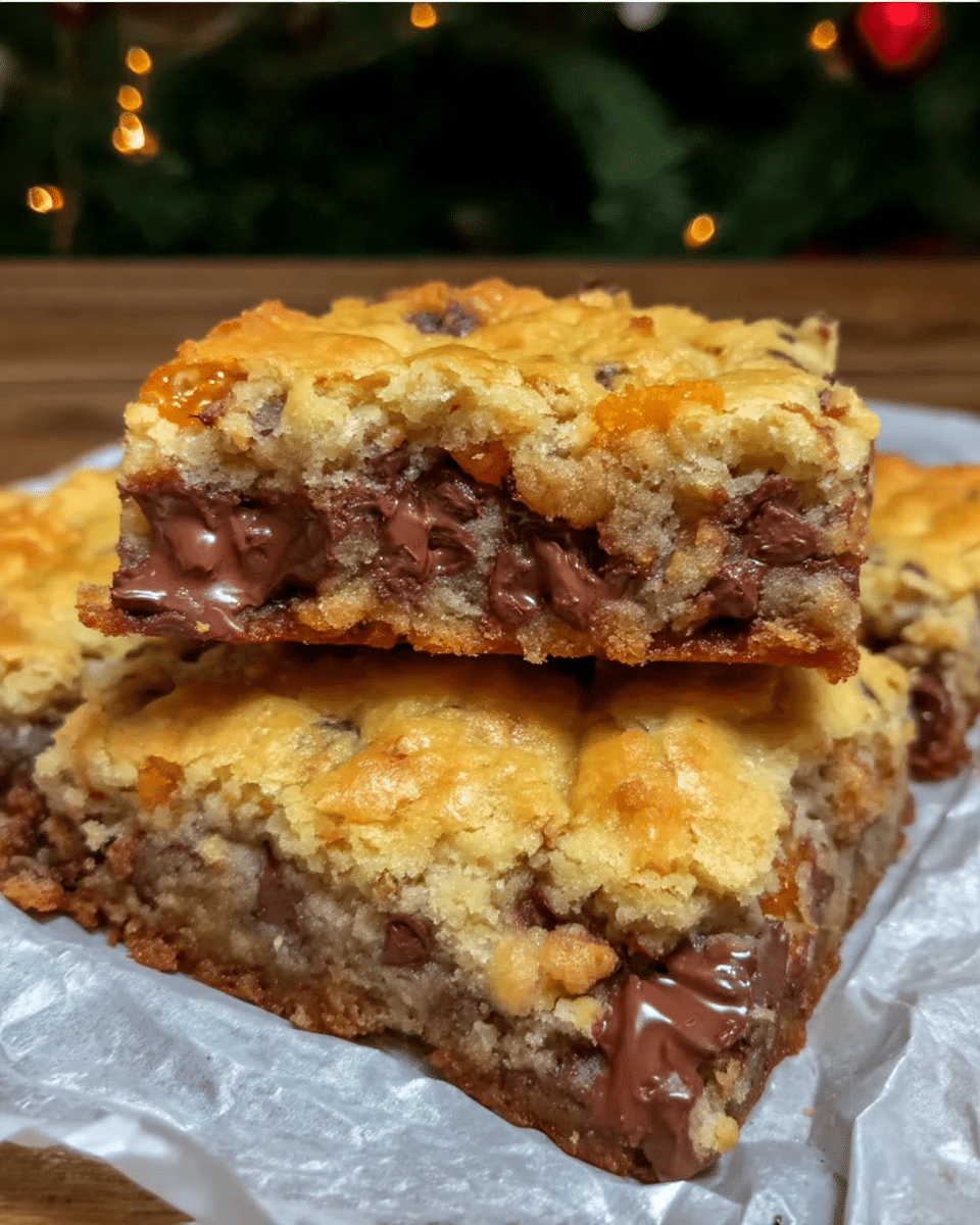 Close-up of a stack of fudgy pumpkin bars with chocolate chips.