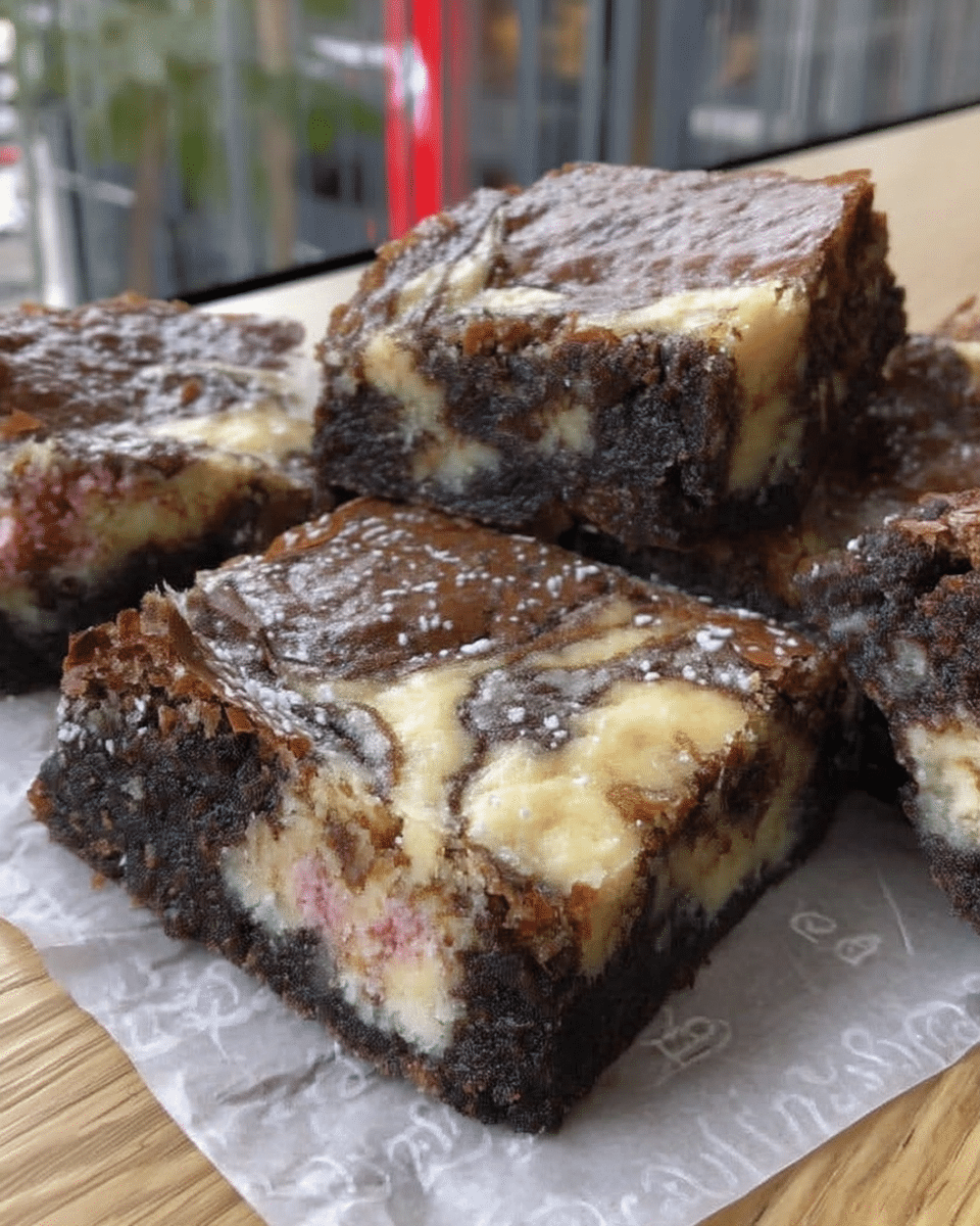 A baker swirling the cheesecake and brownie batters together