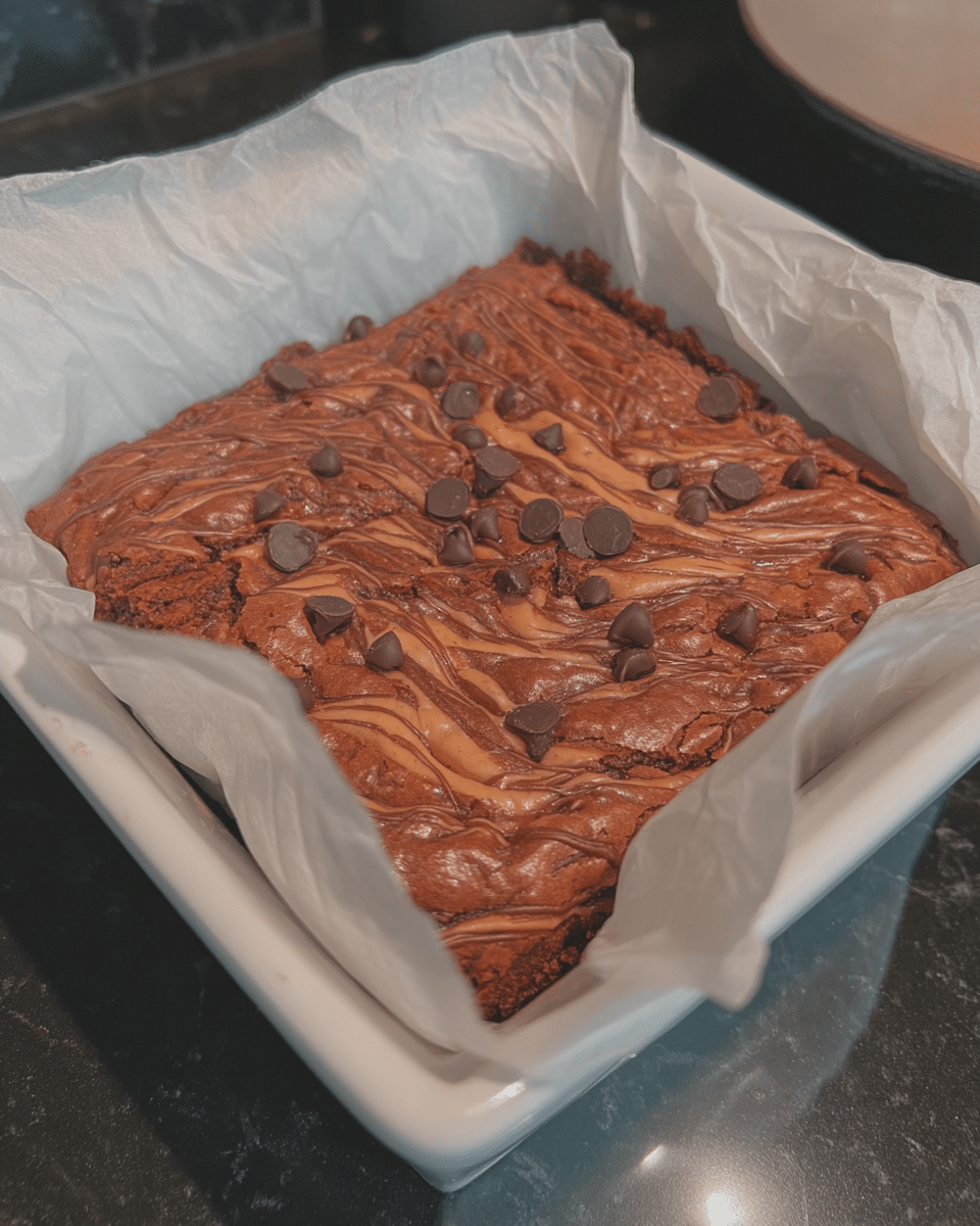 A baker swirling brownie batter into pumpkin batter using a toothpick, creating a marbled effect in a baking dish.
