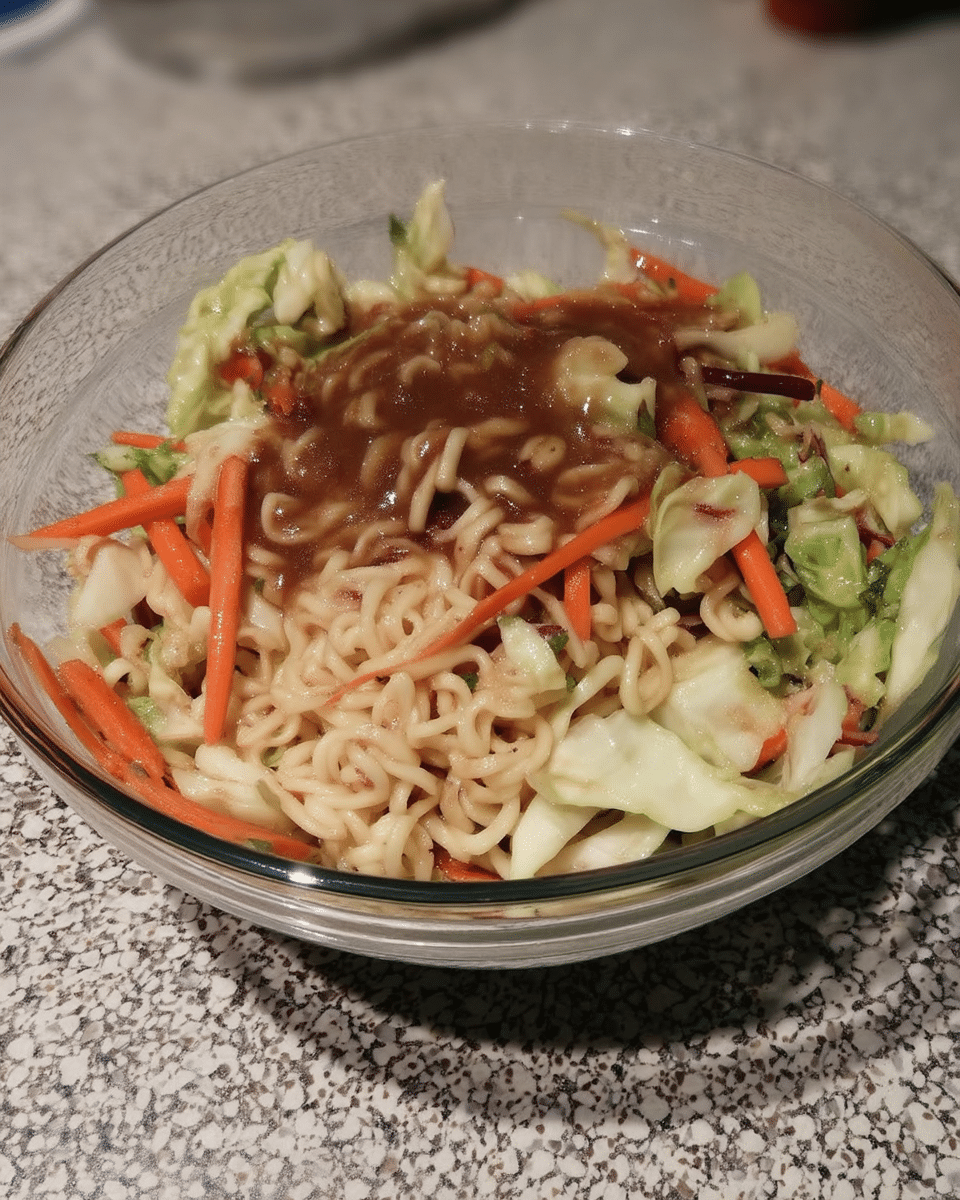 Close-up of a hand tossing Asian Slaw with chopsticks.
