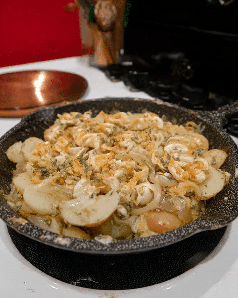 A chef's hand gently tossing the cooked potatoes with the bacon and dressing in a pot.