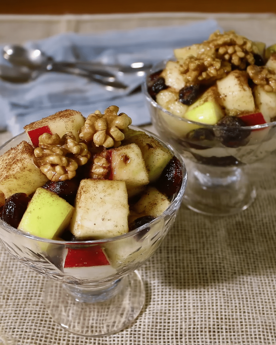 A close-up of a hand tossing the fall fruit salad with the cinnamon-orange dressing.