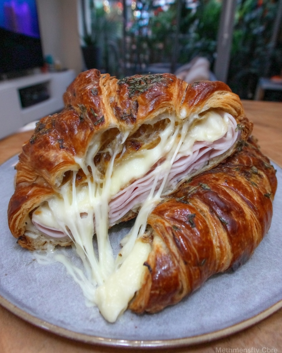 Cross-section of breakfast tailgate croissant with ham and cheese layers