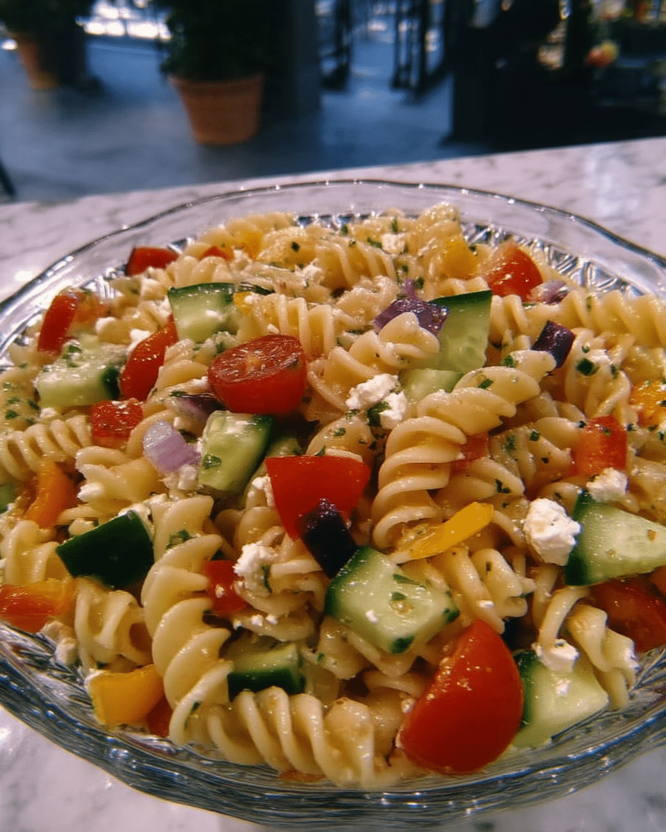 A vibrant close-up of the finished Chipotle Sweet Potato Pasta Salad, showcasing the colorful ingredients and creamy dressing.