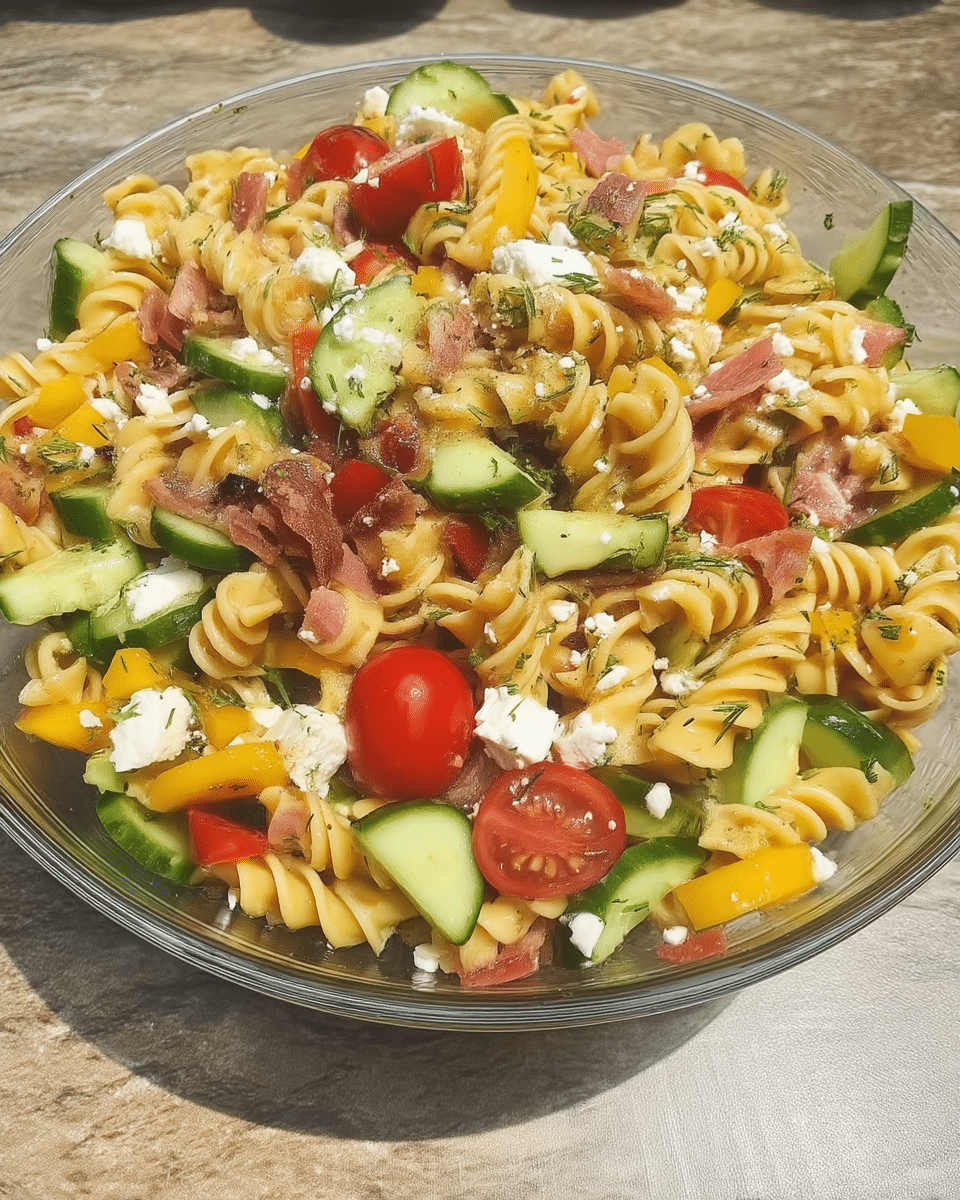 A family-style table setting with a large bowl of Chipotle Sweet Potato Pasta Salad as the centerpiece, surrounded by other complementary dishes and drinks.