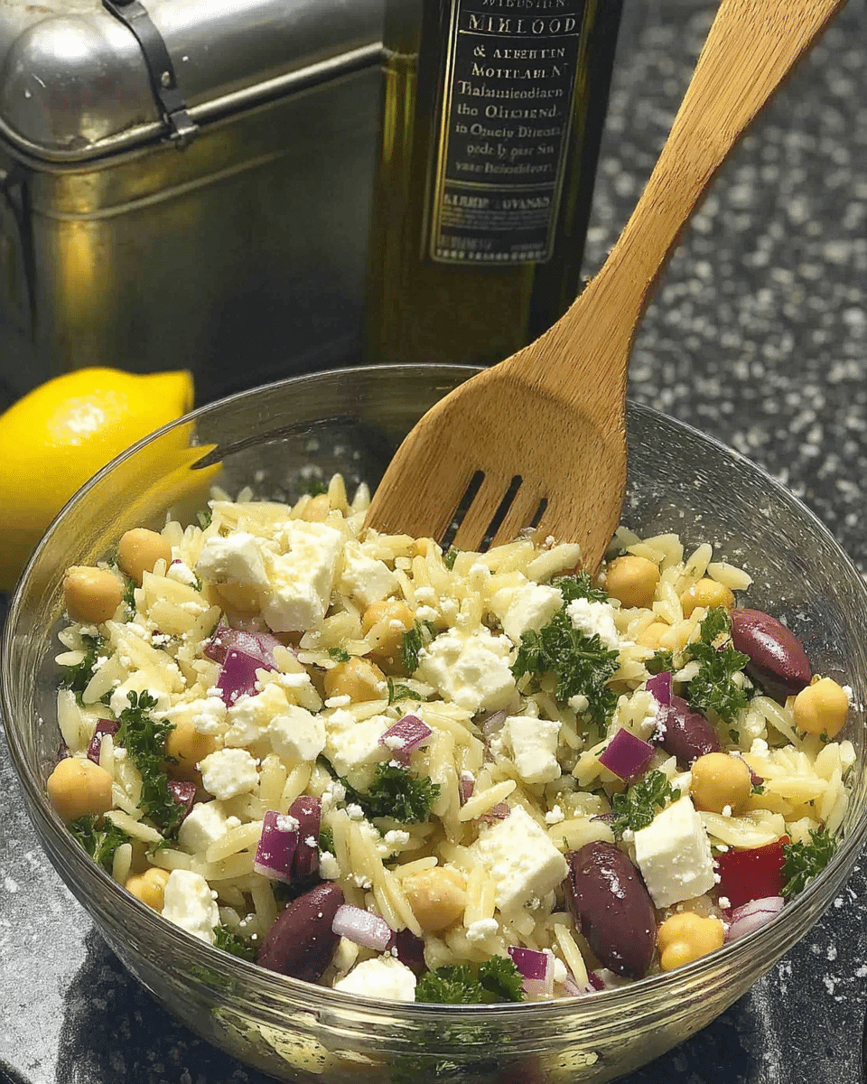 A colorful orzo salad in a bowl