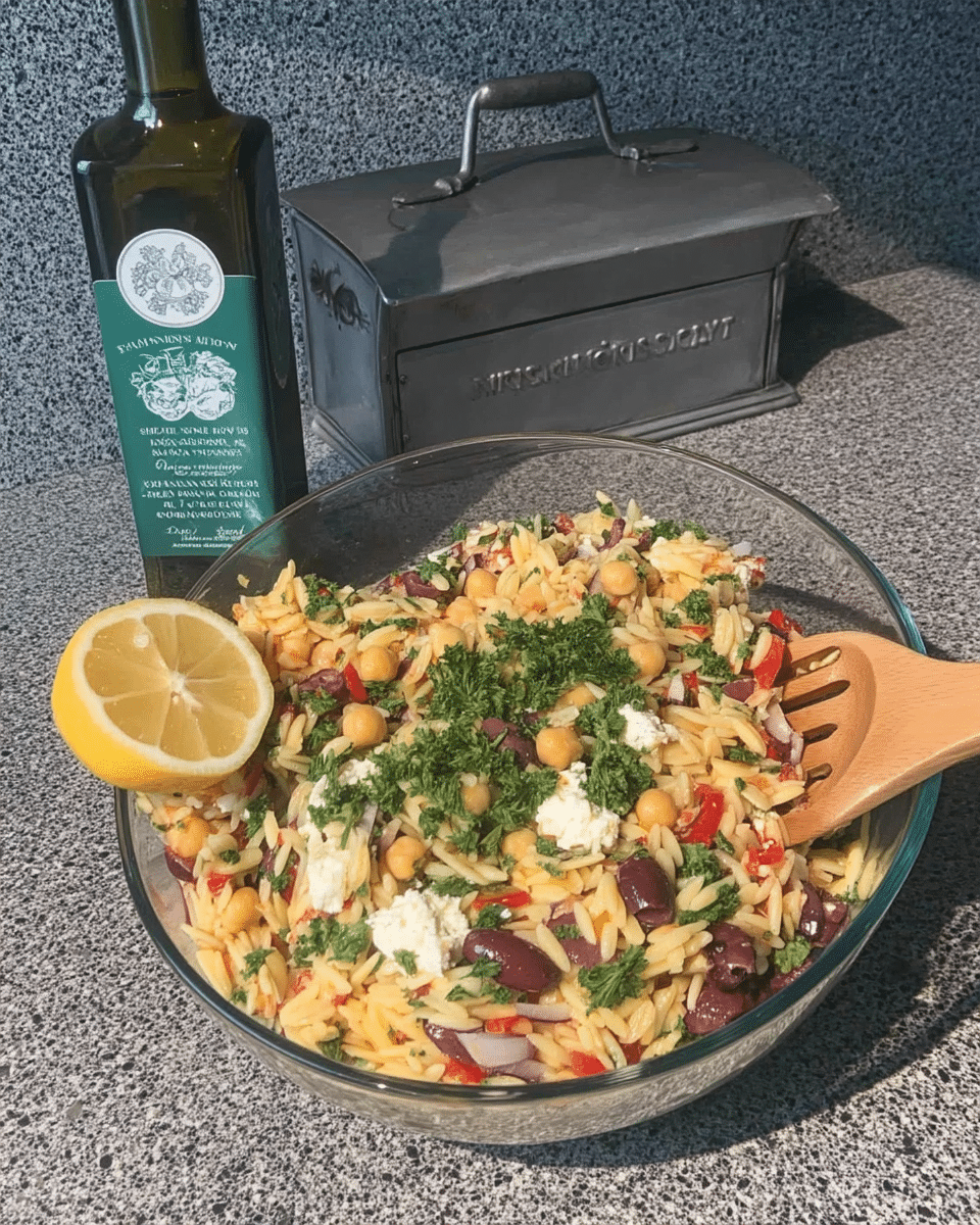 Ingredients laid out for orzo salad