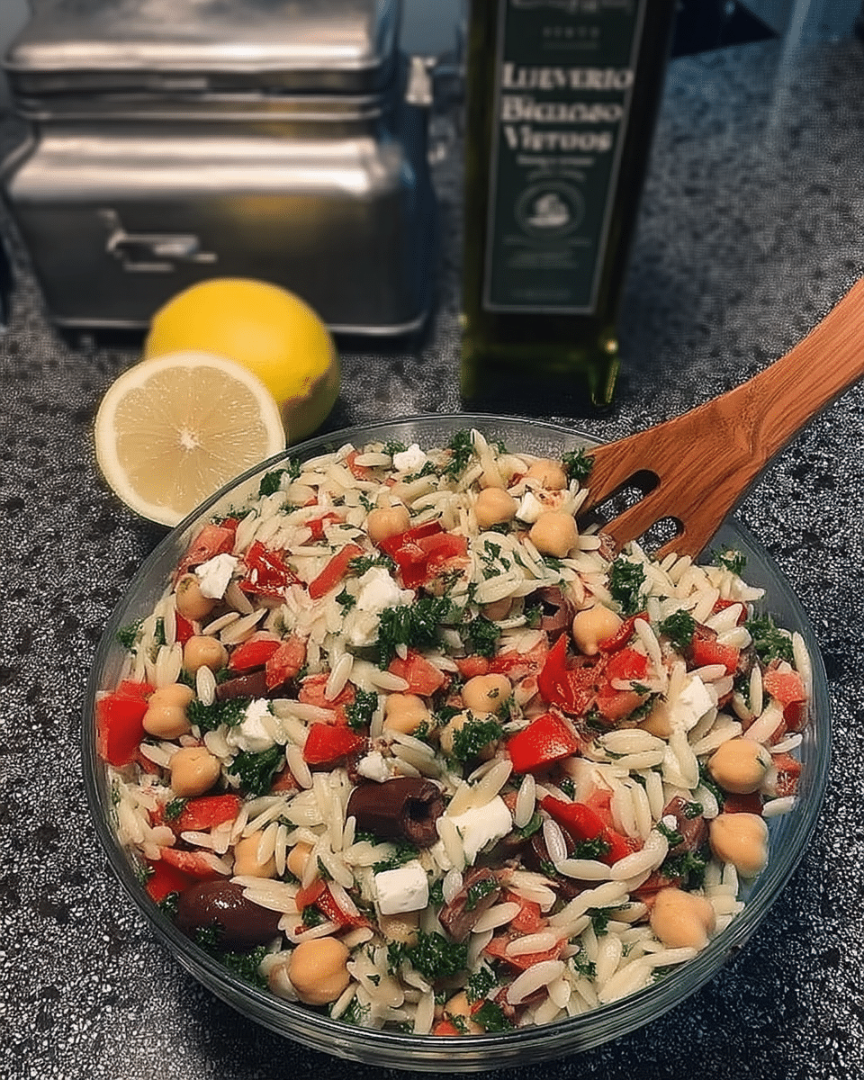 Orzo salad served with grilled chicken