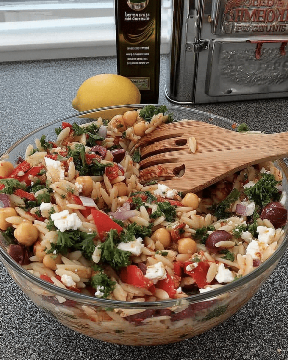 Close-up of seasoned orzo salad